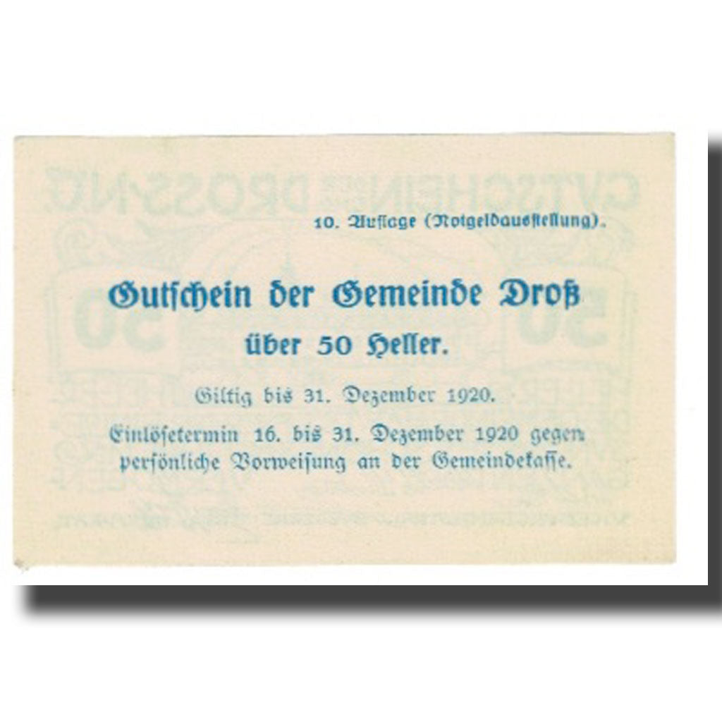 Banknote, Austria, Dross, 50 Heller, château, 1920, 1920-12-31, UNC(65-70)