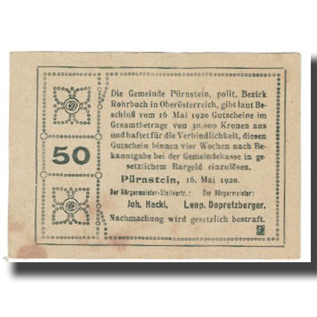 Banknote, Austria, Pürnstein, 50 Heller, village, 1920, 1920-05-16, EF(40-45)