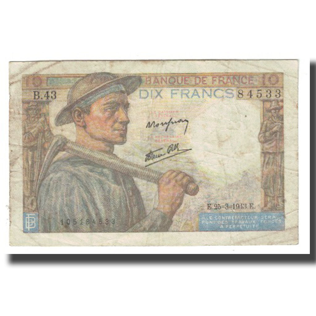 France, 10 Francs, 1943, P. Rousseau and R. Favre-Gilly, 1943-03-25, VF(20-25)