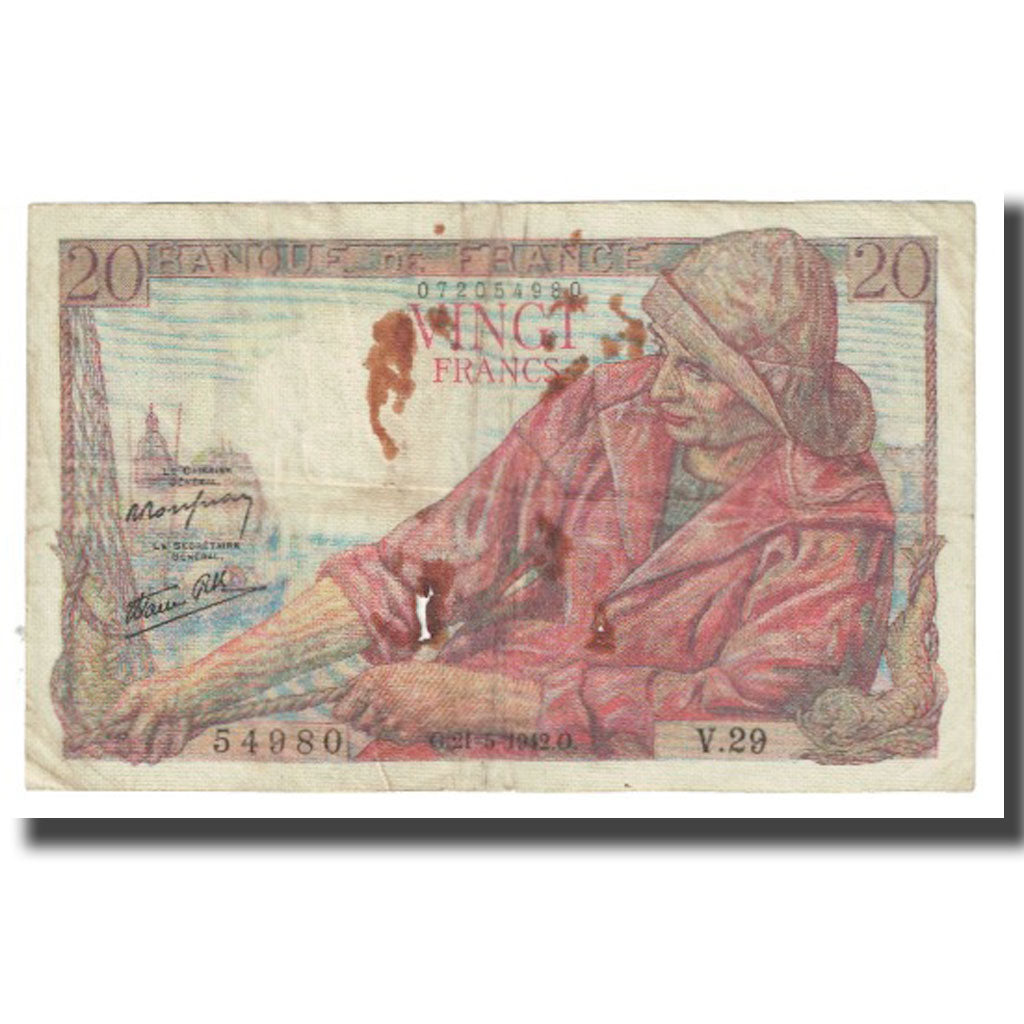 France, 20 Francs, 1942, P. Rousseau and R. Favre-Gilly, 1942-05-21, VF(20-25)