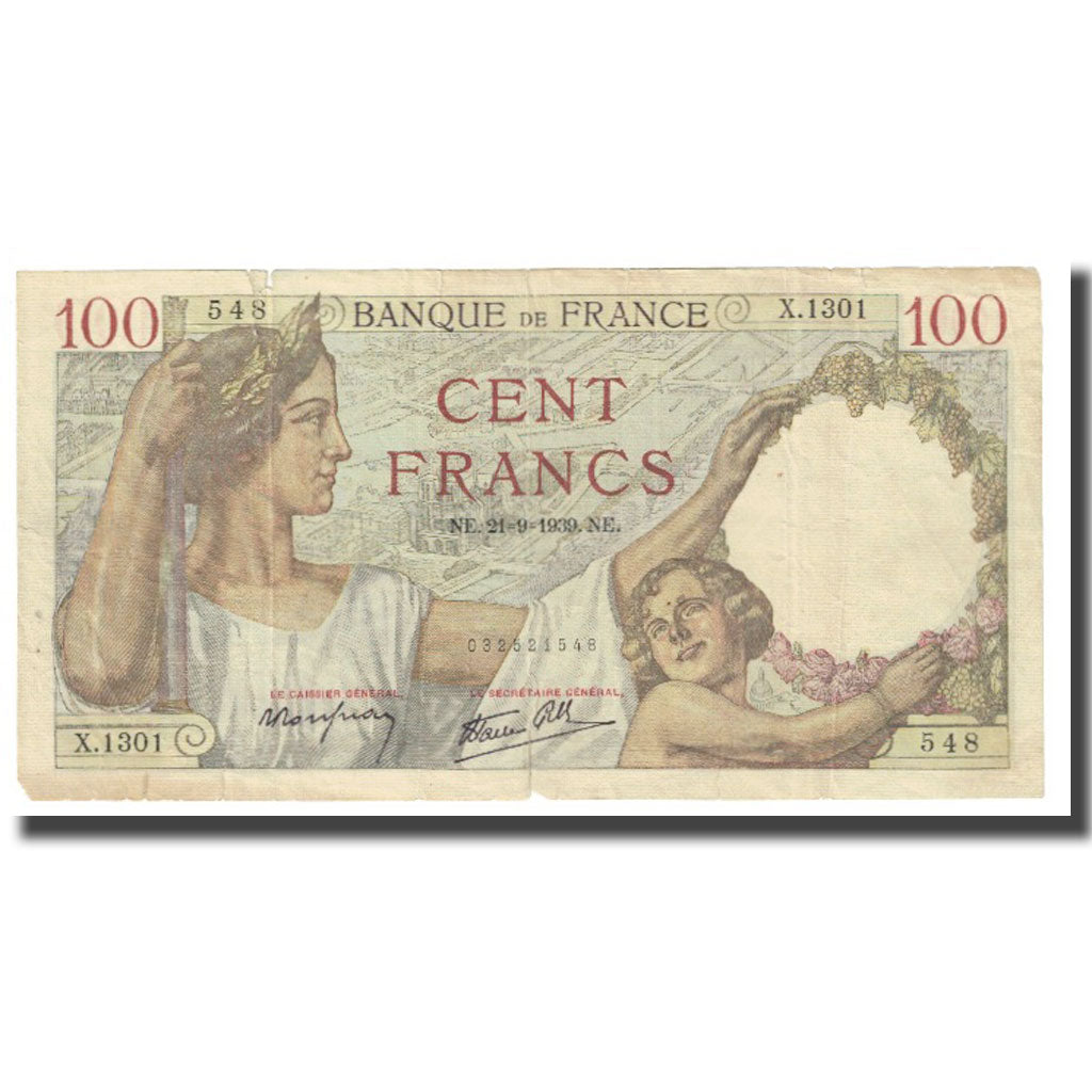 France, 100 Francs, 1939, 1939-09-21, VF(20-25), Fayette:26.07, KM:94