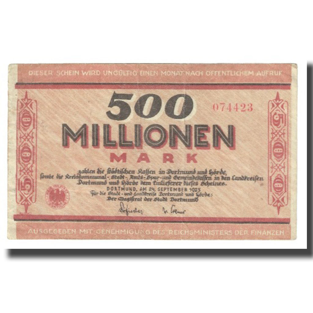 Banknote, Germany, Dortmund, 500 Millionen Mark, château, 1923, 1923-09-24
