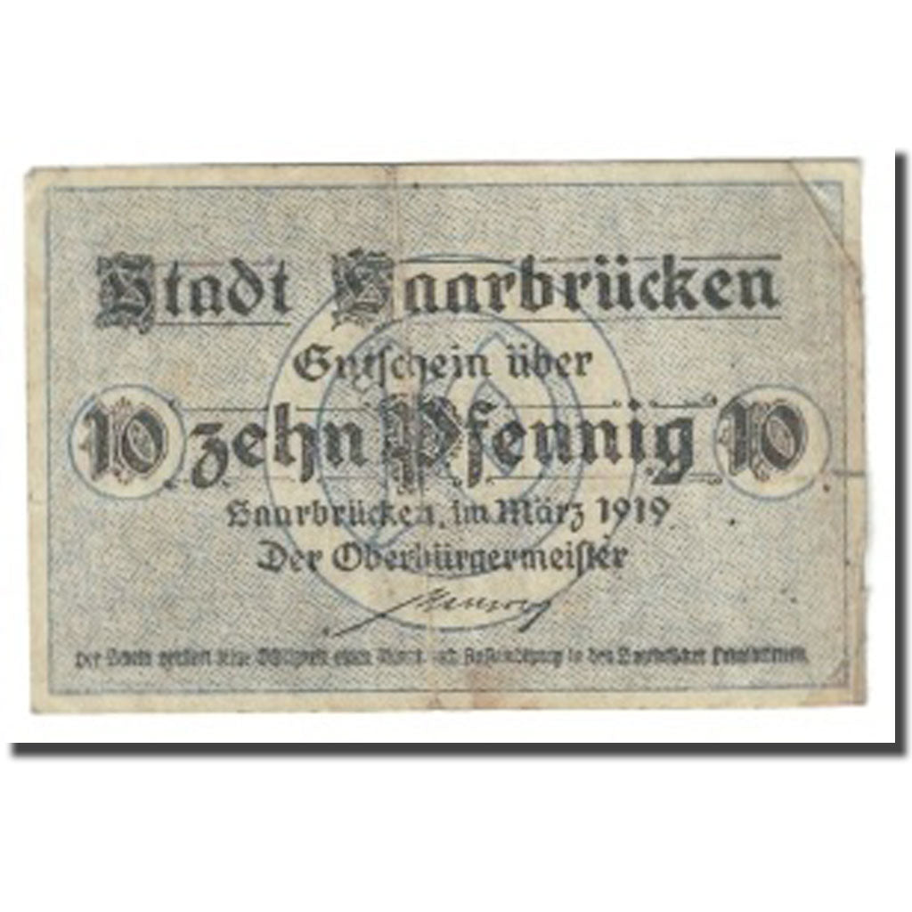 Banknote, Germany, Saarbrücken, 10 Pfennig, Blason, 1919, 1919-03-01