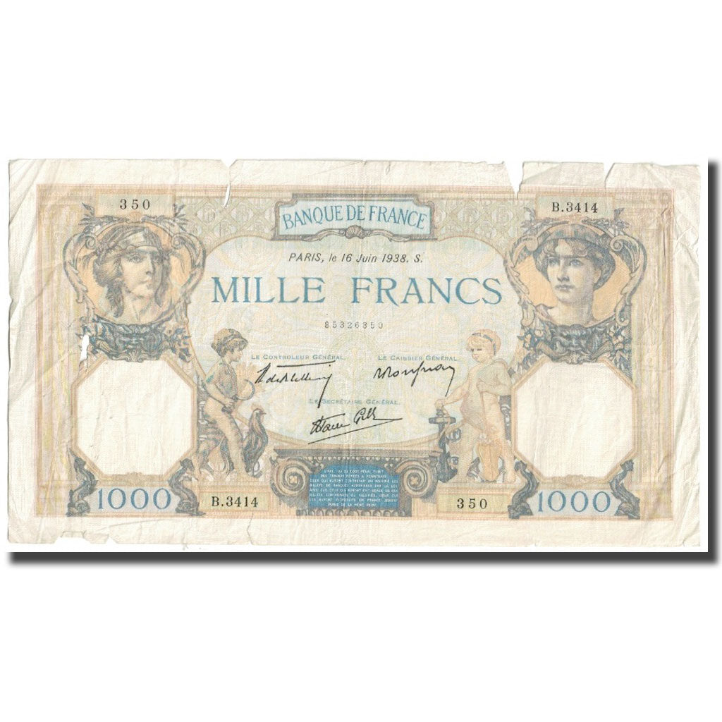 France, 1000 Francs, Cérès et Mercure, 1938, P. Rousseau and R. Favre-Gilly