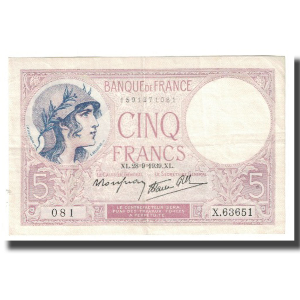 Frankreich, 5 Francs, Violet, 1939, P. Rousseau and R. Favre-Gilly, 1939-09-28
