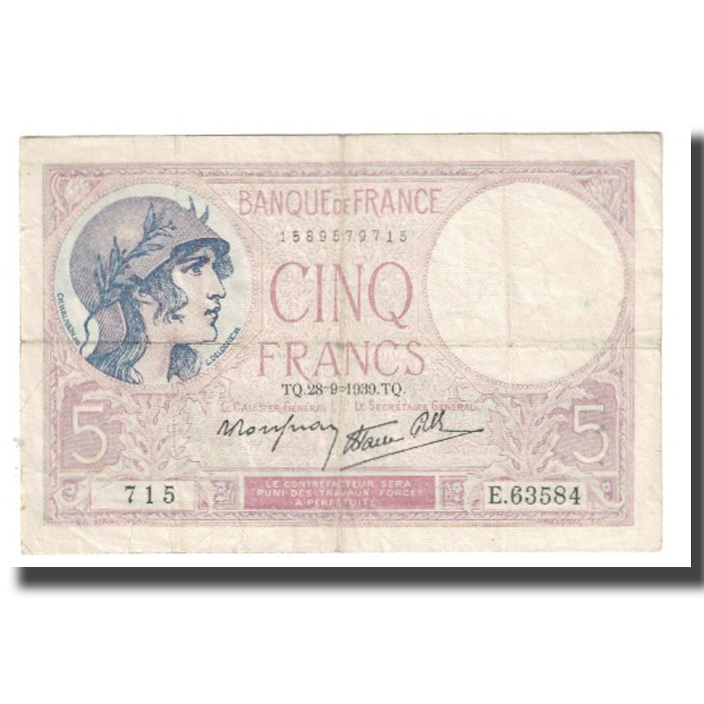 France, 5 Francs, Violet, 1939, P. Rousseau and R. Favre-Gilly, 1939-09-28
