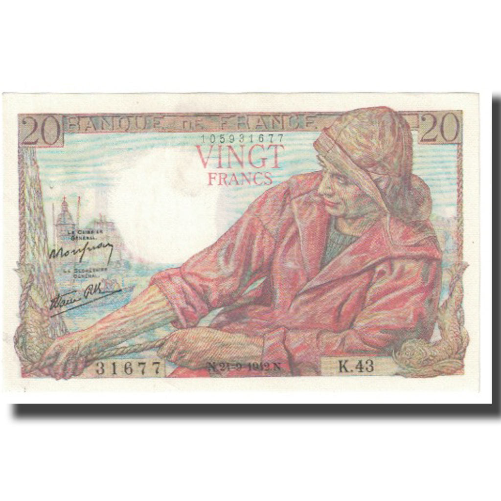Francia, 20 Francs, Pêcheur, 1942, P. Rousseau and R. Favre-Gilly, 1942-09-24