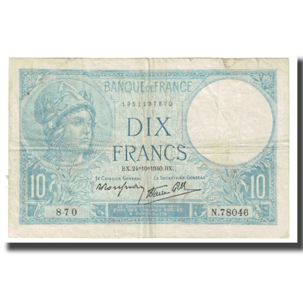 France, 10 Francs, Minerve, 1940, platet strohl, 1940-10-24, VF(20-25)