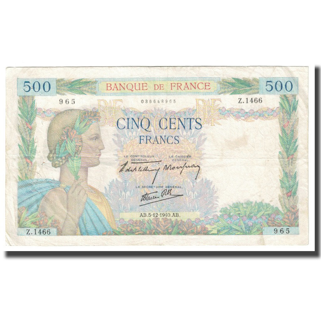 France, 500 Francs, La Paix, 1940, P. Rousseau and R. Favre-Gilly, 1940-12-05