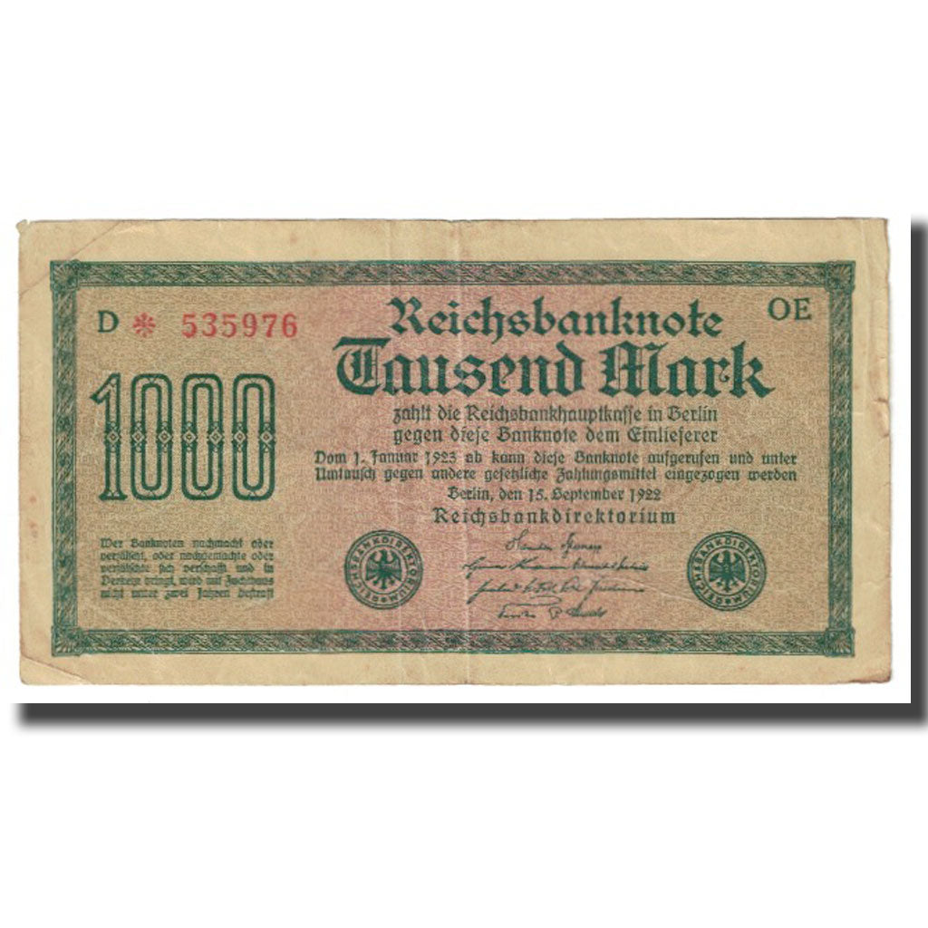 Banknot, Niemcy, 1000 Mark, 1922, 1922-09-15, KM:76a, VF(20-25)