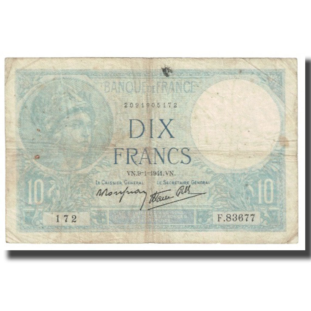 France, 10 Francs, Minerve, 1941, platet strohl, 1941-01-09, VF(20-25)