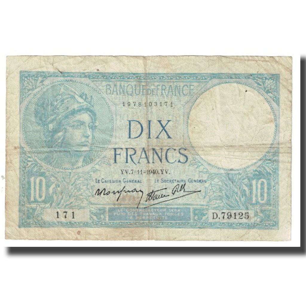France, 10 Francs, Minerve, 1940, platet strohl, 1940-11-07, VF(20-25)