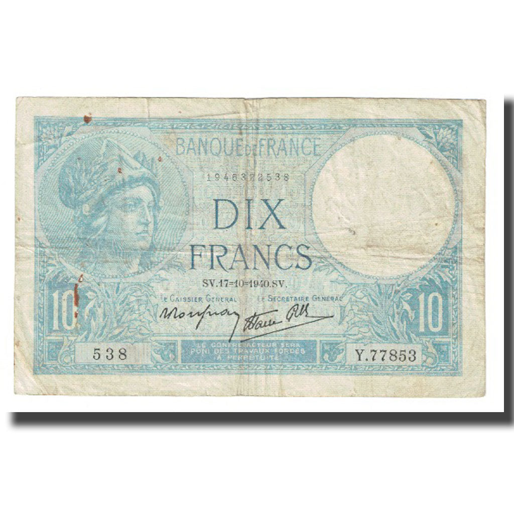 France, 10 Francs, Minerve, 1940, platet strohl, 1940-10-17, VF(20-25)