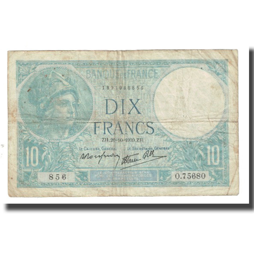 France, 10 Francs, Minerve, 1939, platet strohl, 1939-10-26, VF(20-25)