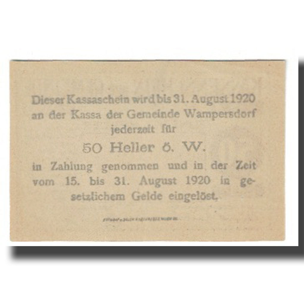 Banknote, Austria, Wampersdorf, 50 Heller, Texte, 1920, 1920-12-31, UNC(65-70)