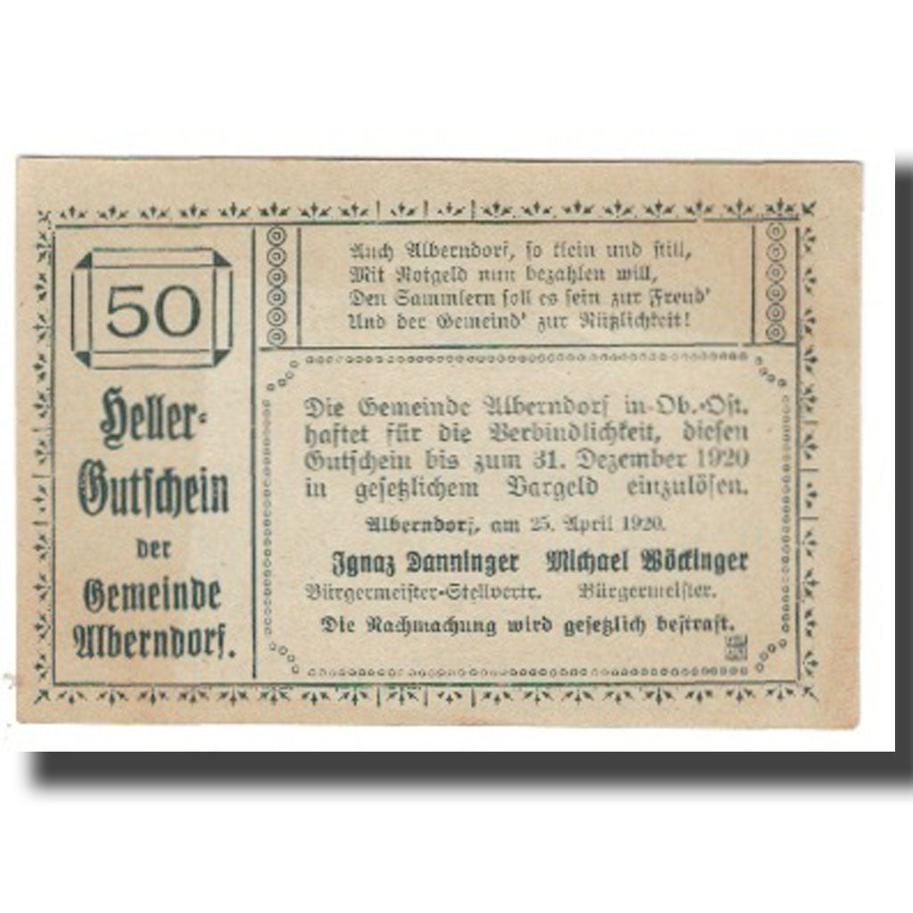Banknote, Austria, Alberndorf, 50 Heller, Texte, 1920, 1920-04-25, AU(55-58)