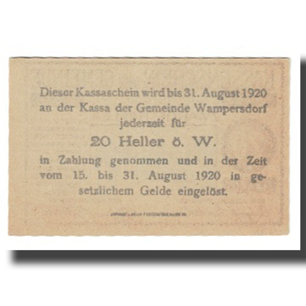 Banknote, Austria, Wampersdorf, 20 Heller, Texte, 1920, 1920-08-31, UNC(63)
