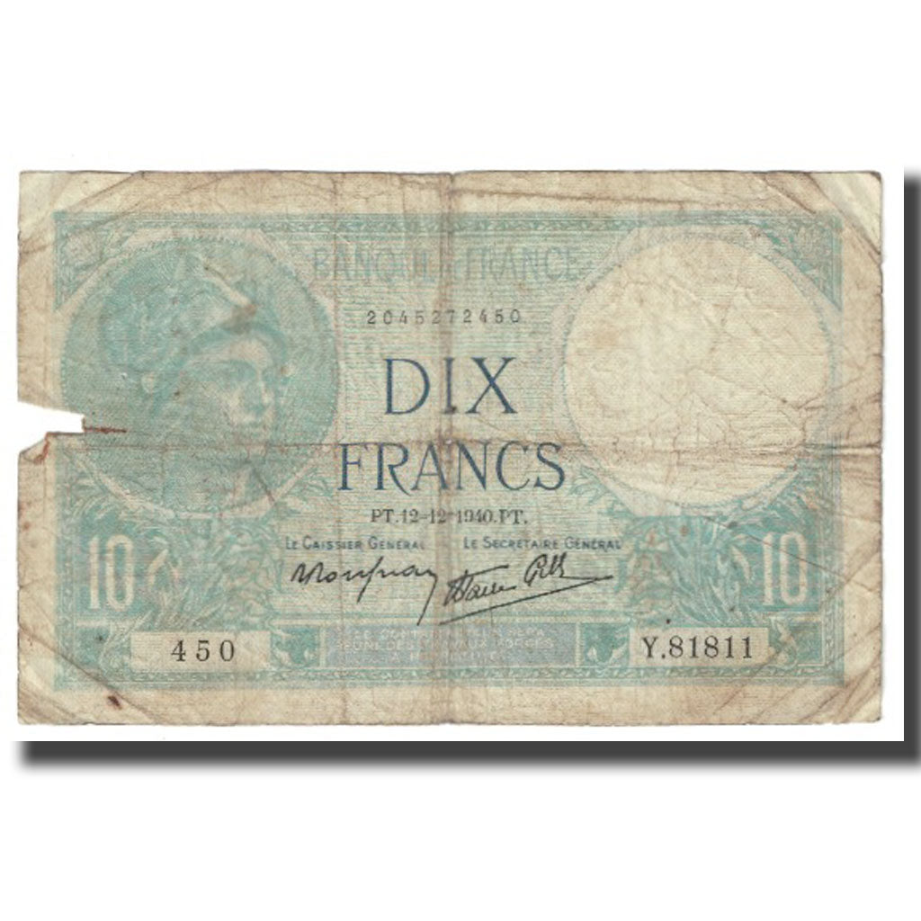 Frankreich, 10 Francs, Minerve, 1940, platet strohl, 1940-12-12, SGE+