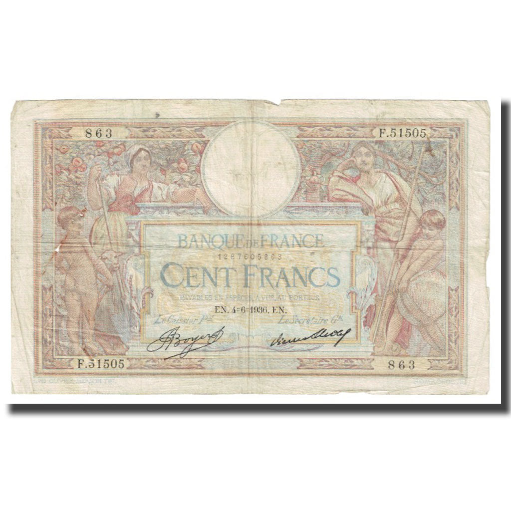 France, 100 Francs, Luc Olivier Merson, 1936, P. Rousseau and R. Favre-Gilly