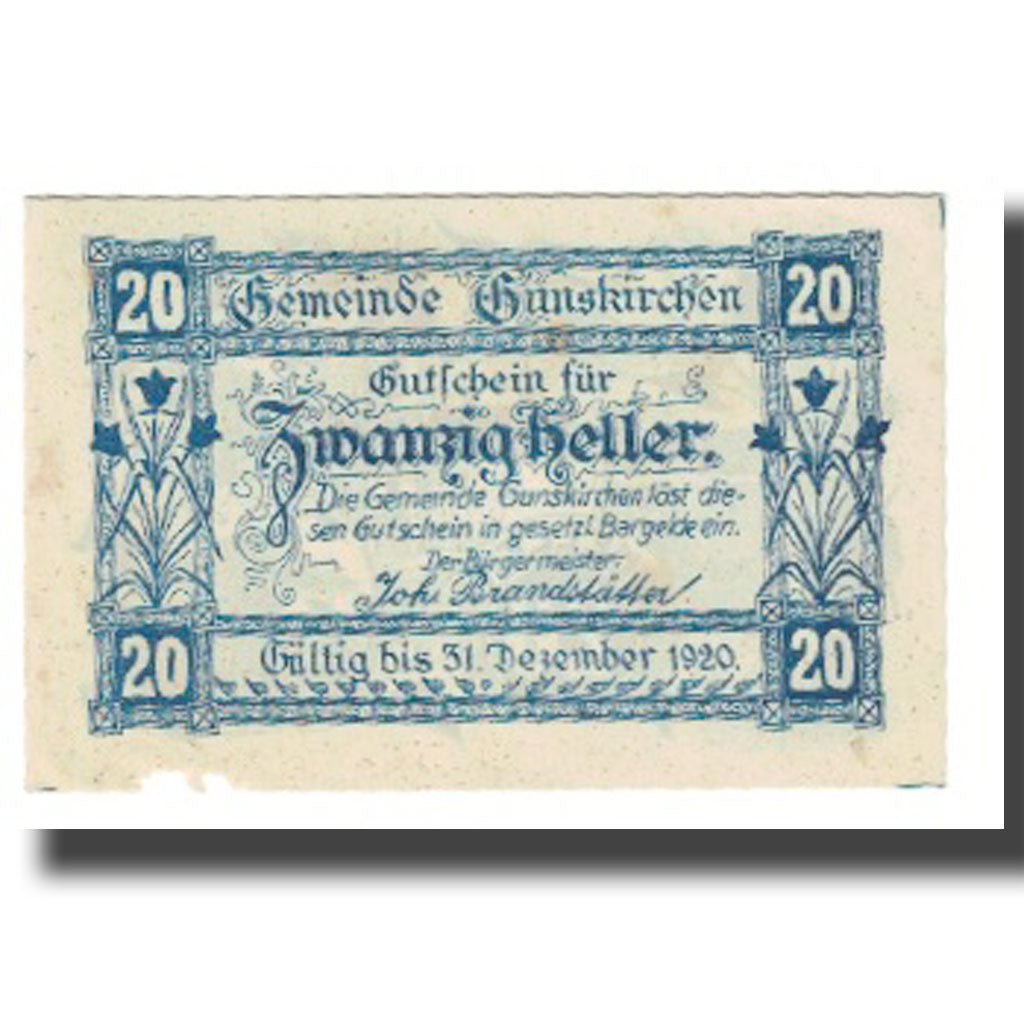 Geldschein, Österreich, Gunskirchen O.Ö. Gemeinde, 20 Heller, Batiment, 1920
