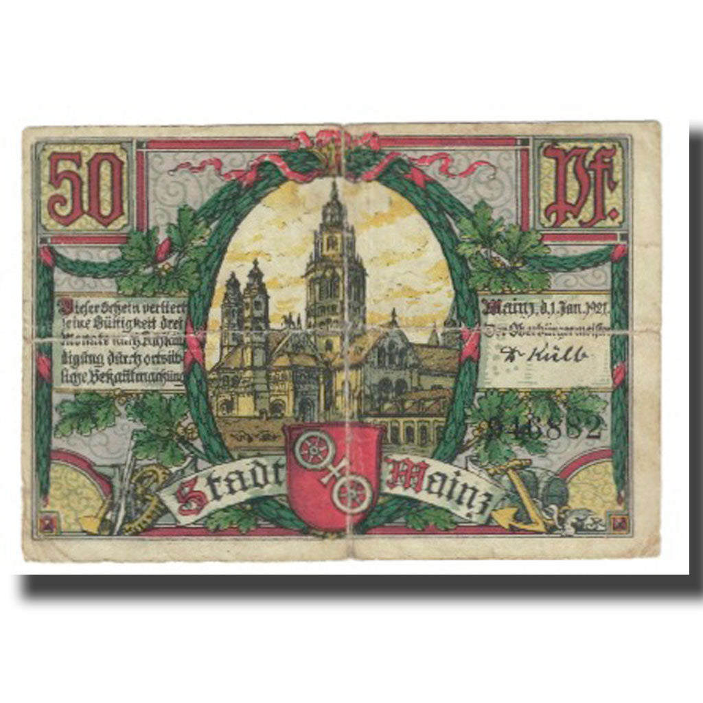 Banknote, Germany, Mainz, 50 Pfennig, cathédrale, 1921, 1921-01-01, EF(40-45)