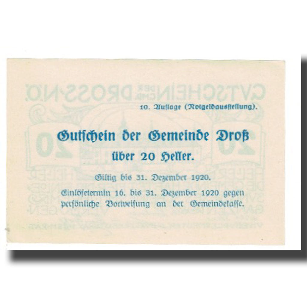Banknote, Austria, Dross, 20 Heller, château, 1920, 1920-12-31, AU(55-58)