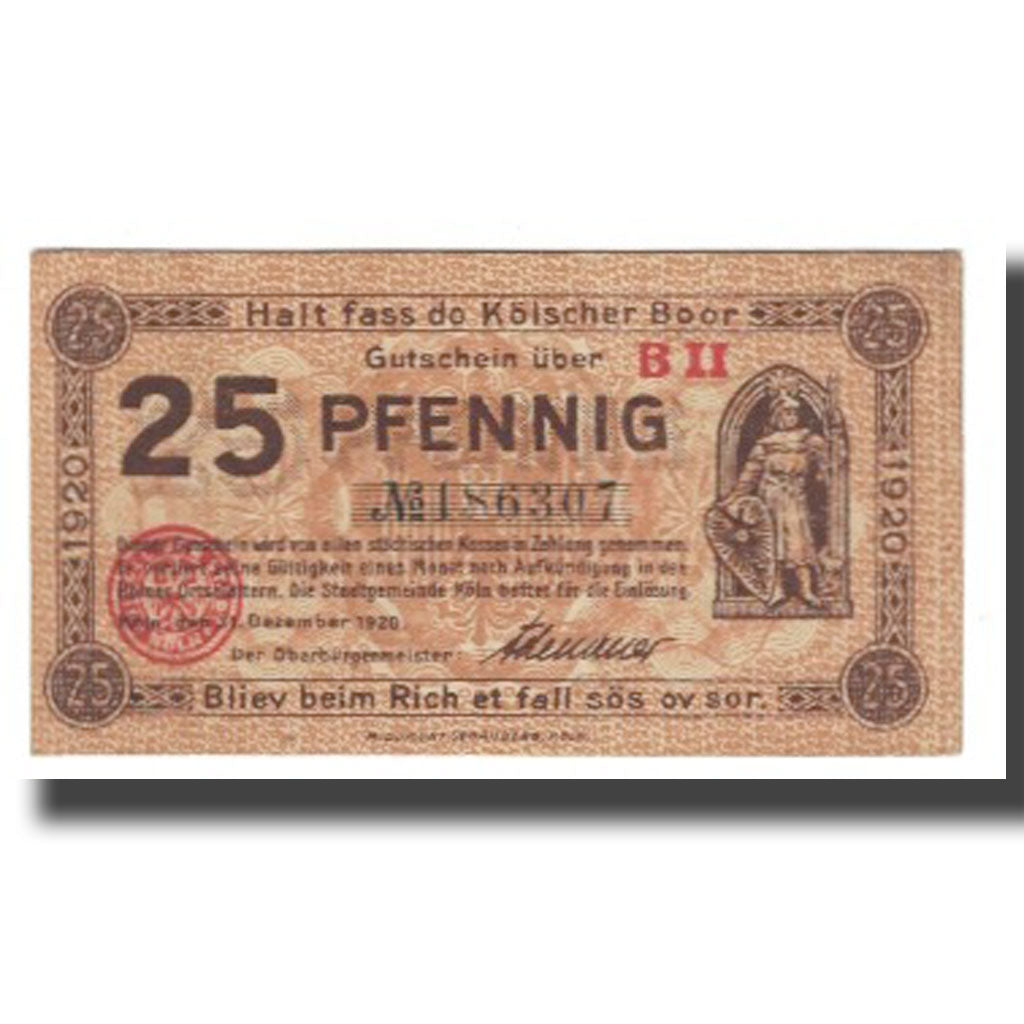 Banknote, Germany, Köln, 25 Pfennig, Eglise, 1920, 1920-12-31, AU(55-58)