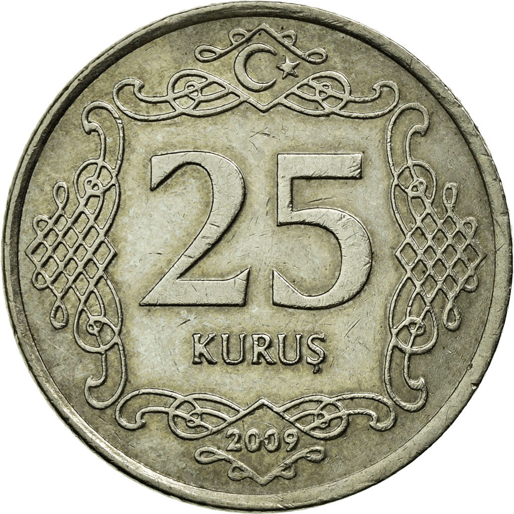 Coin, Turkey, 25 Kurus, 2009, EF(40-45), Copper-nickel, KM:1242