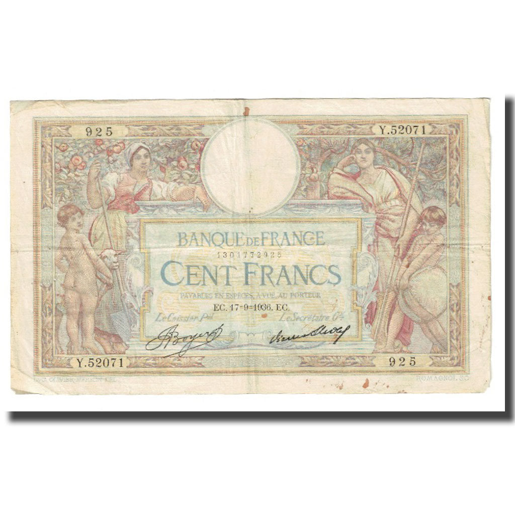France, 100 Francs, Luc Olivier Merson, 1936, P. Rousseau and R. Favre-Gilly