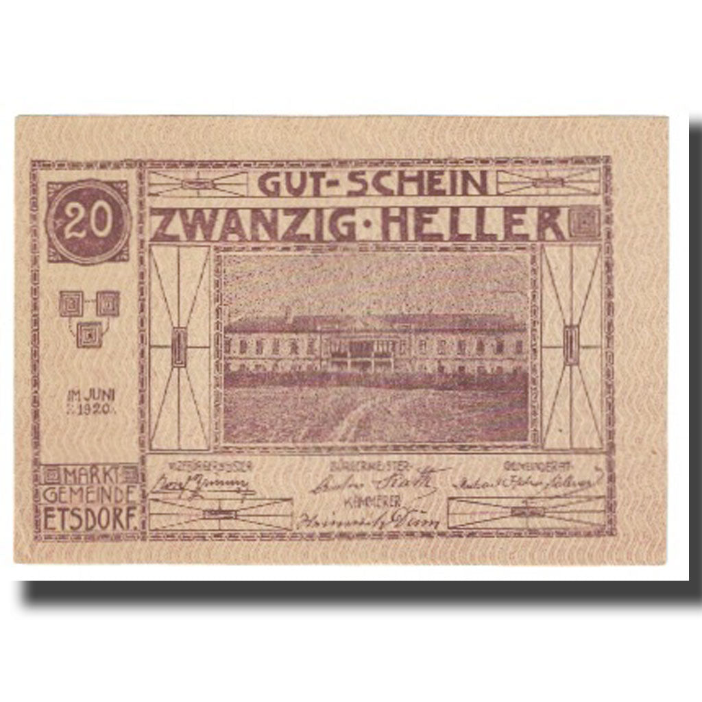 Banconote, Austria, Etsdorf, 20 Heller, château, 1920, 1920-12-31, FDS, Mehl:FS