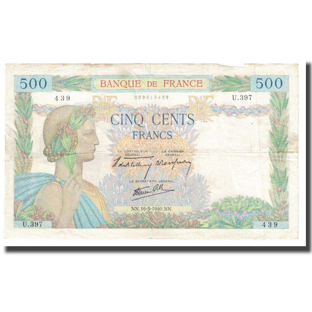 France, 500 Francs, La Paix, 1940, 1940-05-16, VF(30-35), Fayette:32.02, KM:95a