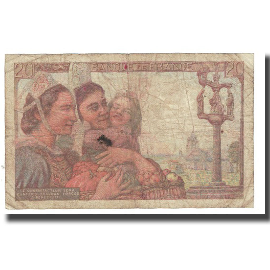 France, 20 Francs, Pêcheur, 1943, 1943-10-07, F(12-15), Fayette:13.7, KM:100a