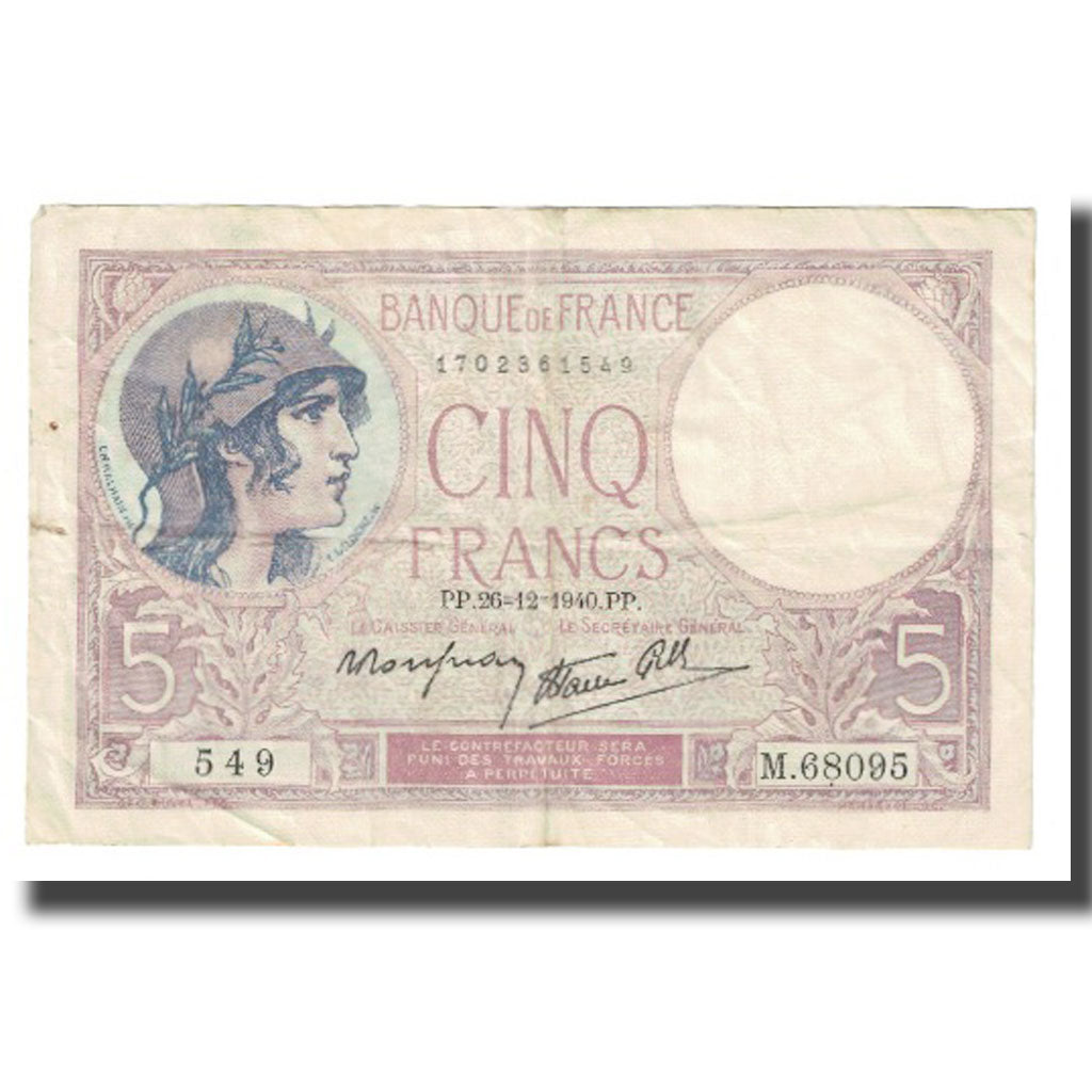 Frankreich, 5 Francs, Violet, 1940, P. Rousseau and R. Favre-Gilly, 1940-12-26