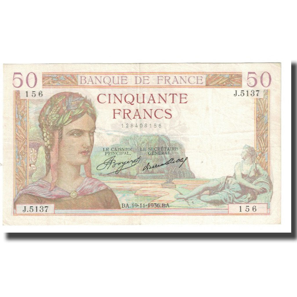 France, 50 Francs, Cérès, 1936, P. Rousseau and R. Favre-Gilly, 1936-11-19