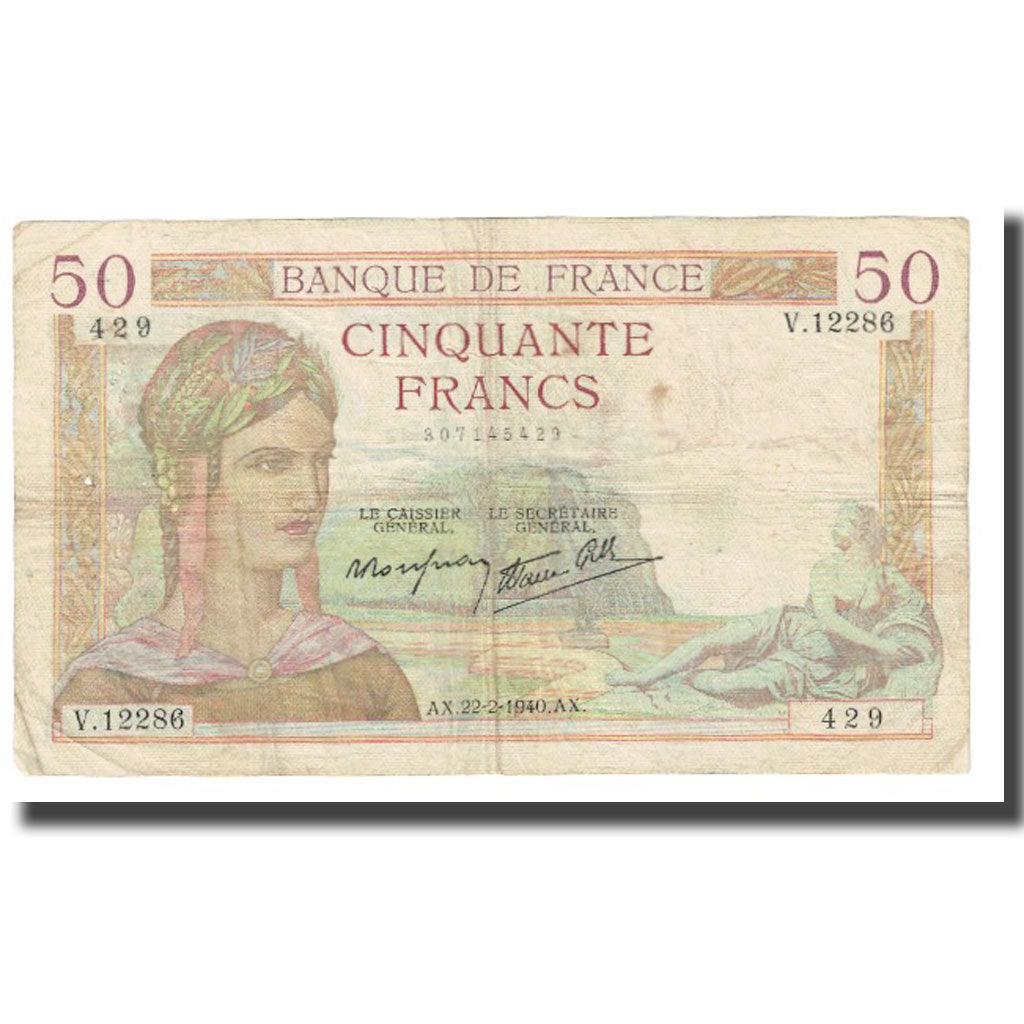 France, 50 Francs, Cérès, 1940, P. Rousseau and R. Favre-Gilly, 1940-02-22