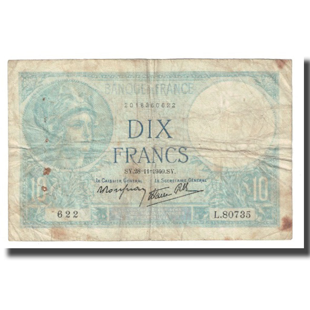 France, 10 Francs, Minerve, 1940, platet strohl, 1940-11-28, VF(20-25)