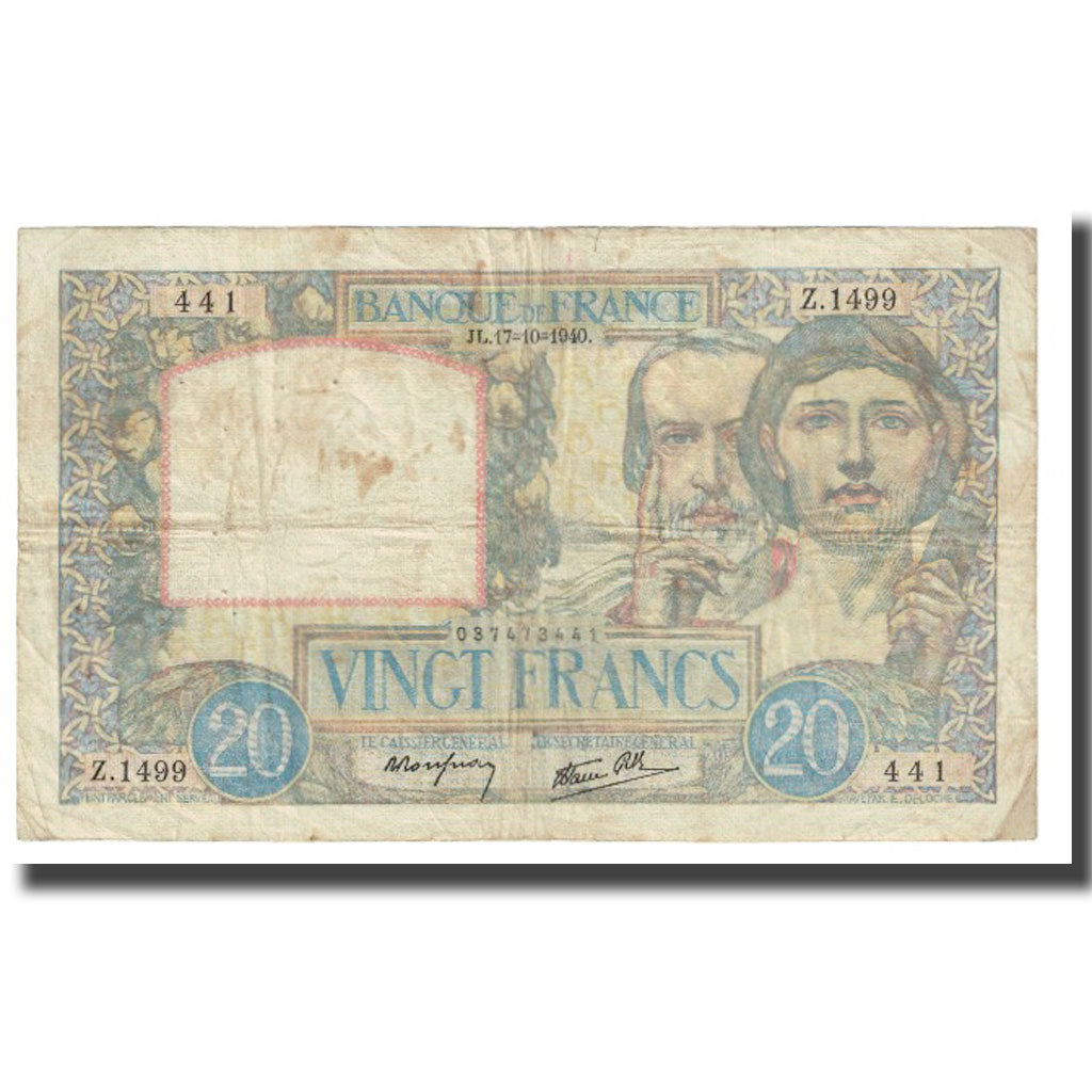 Francia, 20 Francs, Science et Travail, 1940, P. Rousseau and R. Favre-Gilly