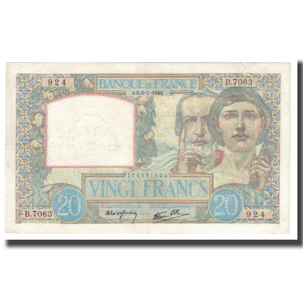 France, 20 Francs, Science et Travail, 1942, P. Rousseau and R. Favre-Gilly