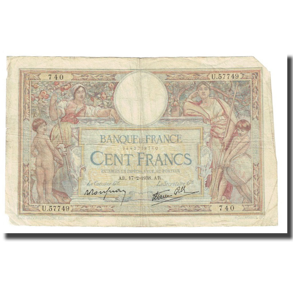 France, 100 Francs, Luc Olivier Merson, 1938, P. Rousseau and R. Favre-Gilly