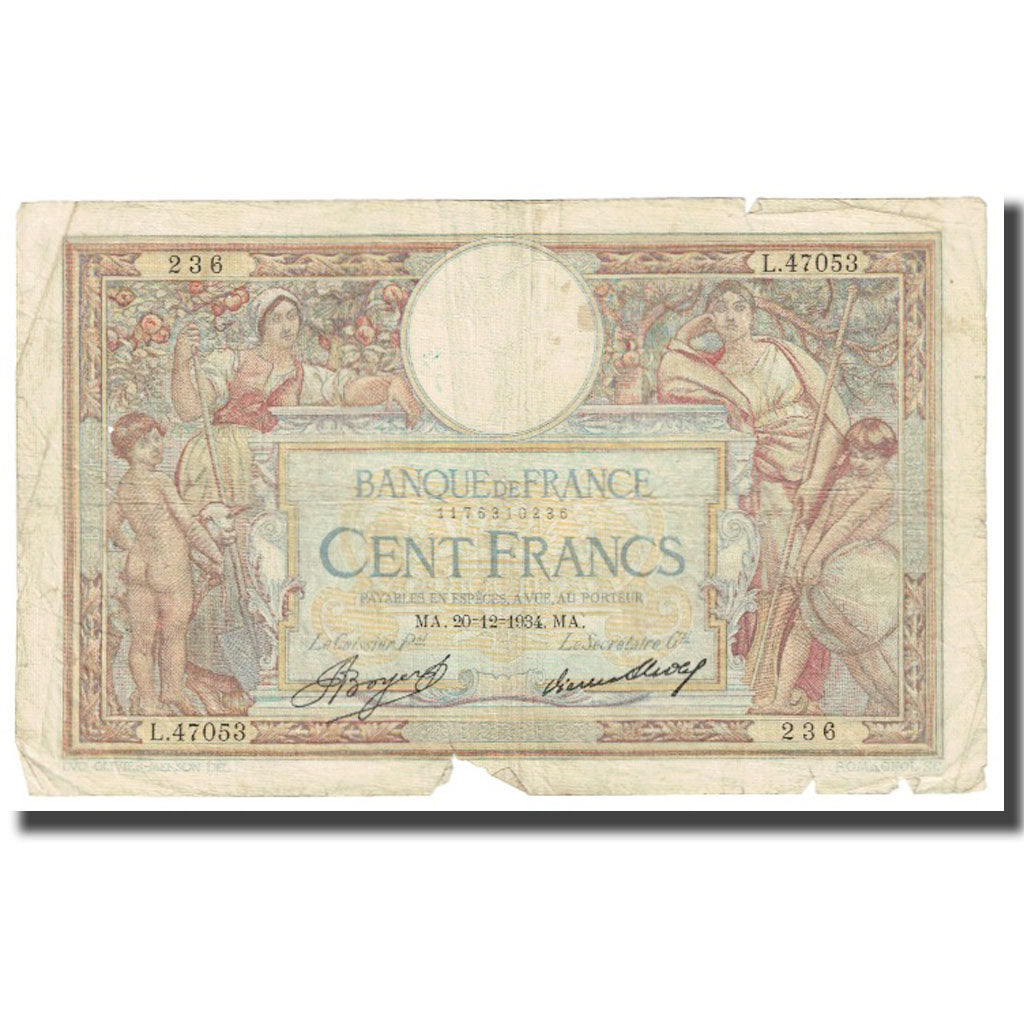 France, 100 Francs, Luc Olivier Merson, 1934, P. Rousseau and R. Favre-Gilly