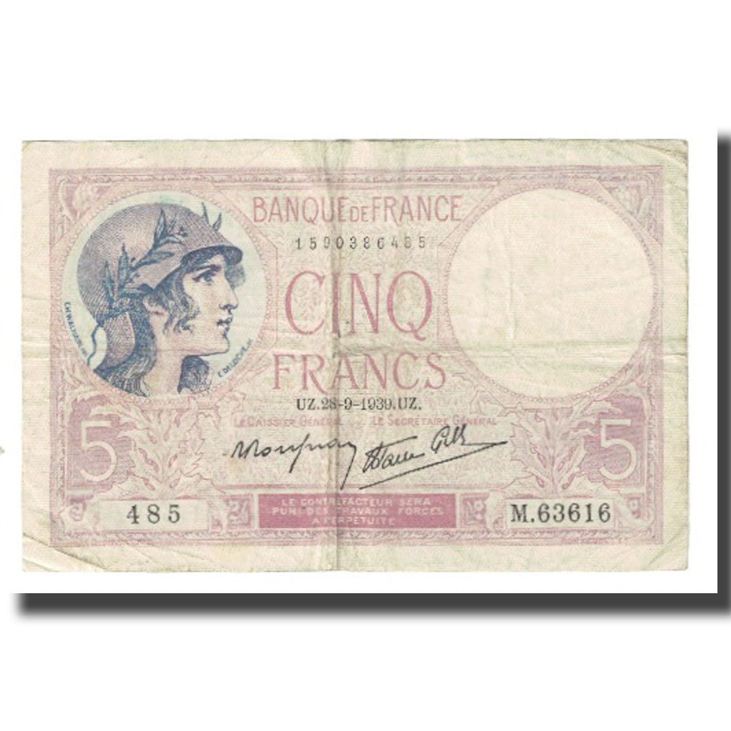 France, 5 Francs, Violet, 1939, P. Rousseau and R. Favre-Gilly, 1939-09-28