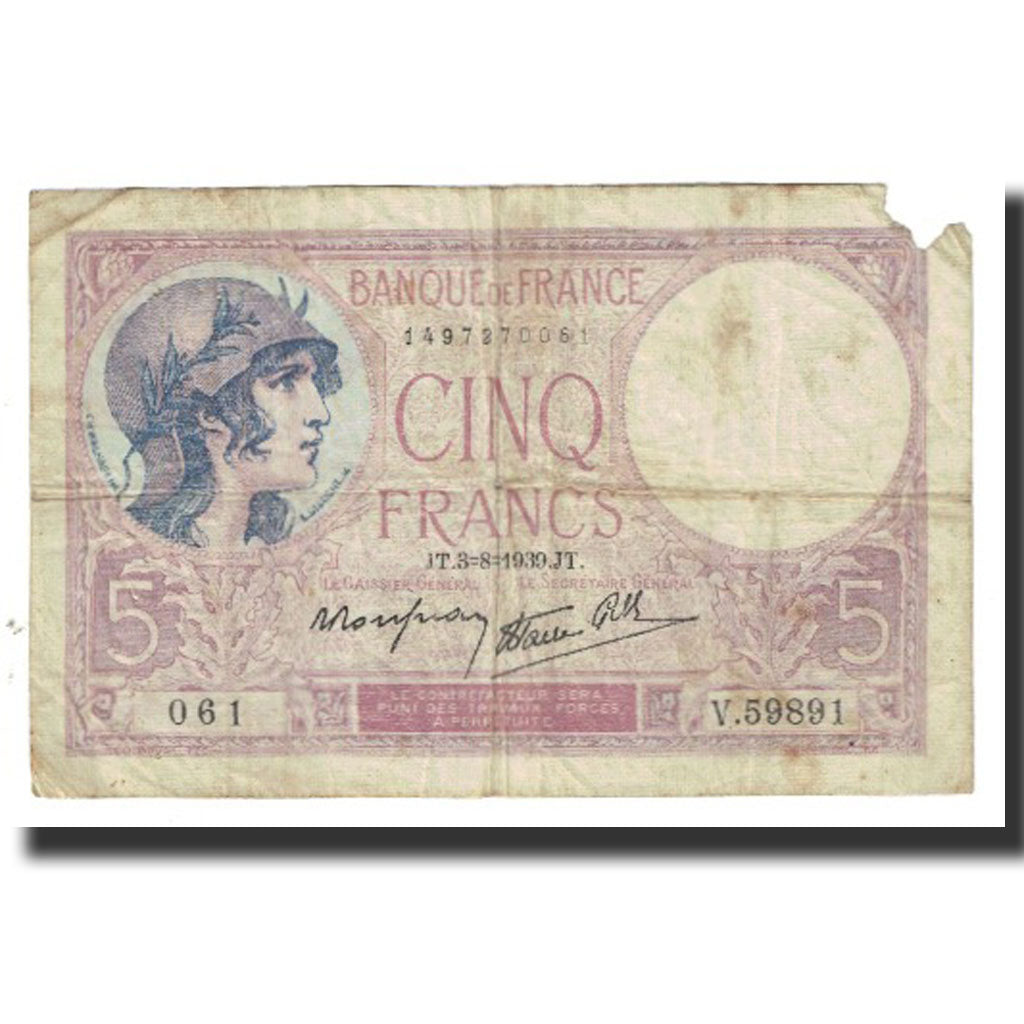 Francia, 5 Francs, Violet, 1939, P. Rousseau and R. Favre-Gilly, 1939-08-03, MB