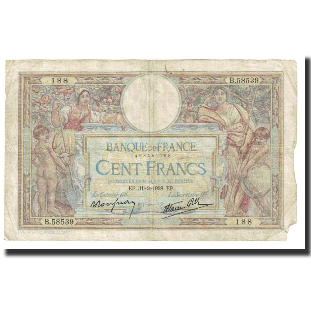 France, 100 Francs, Luc Olivier Merson, 1938, P. Rousseau and R. Favre-Gilly