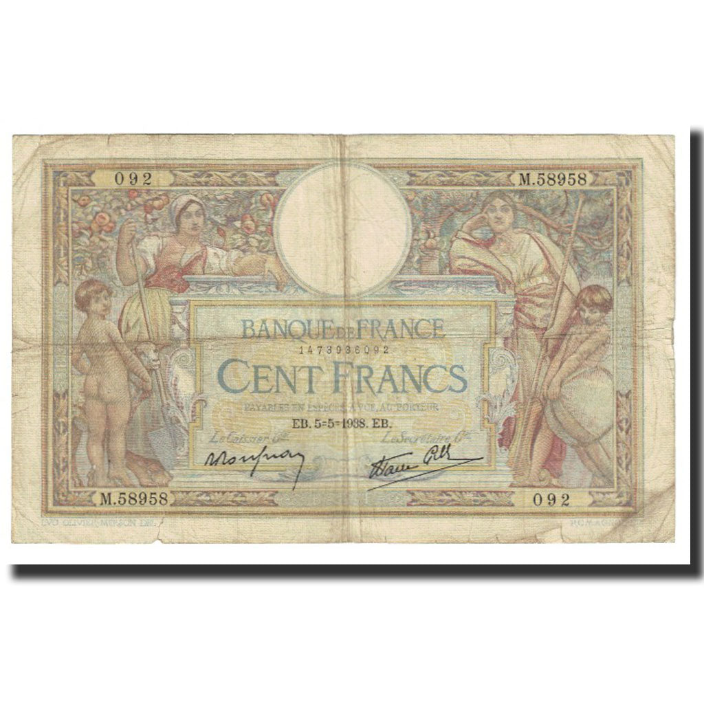 France, 100 Francs, Luc Olivier Merson, 1938, P. Rousseau and R. Favre-Gilly
