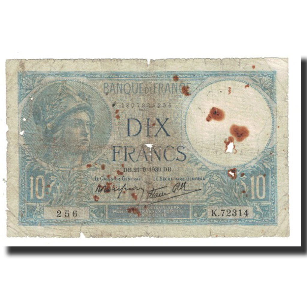 Francia, 10 Francs, Minerve, 1939, platet strohl, 1939-09-21, MB, Fayette:07.08
