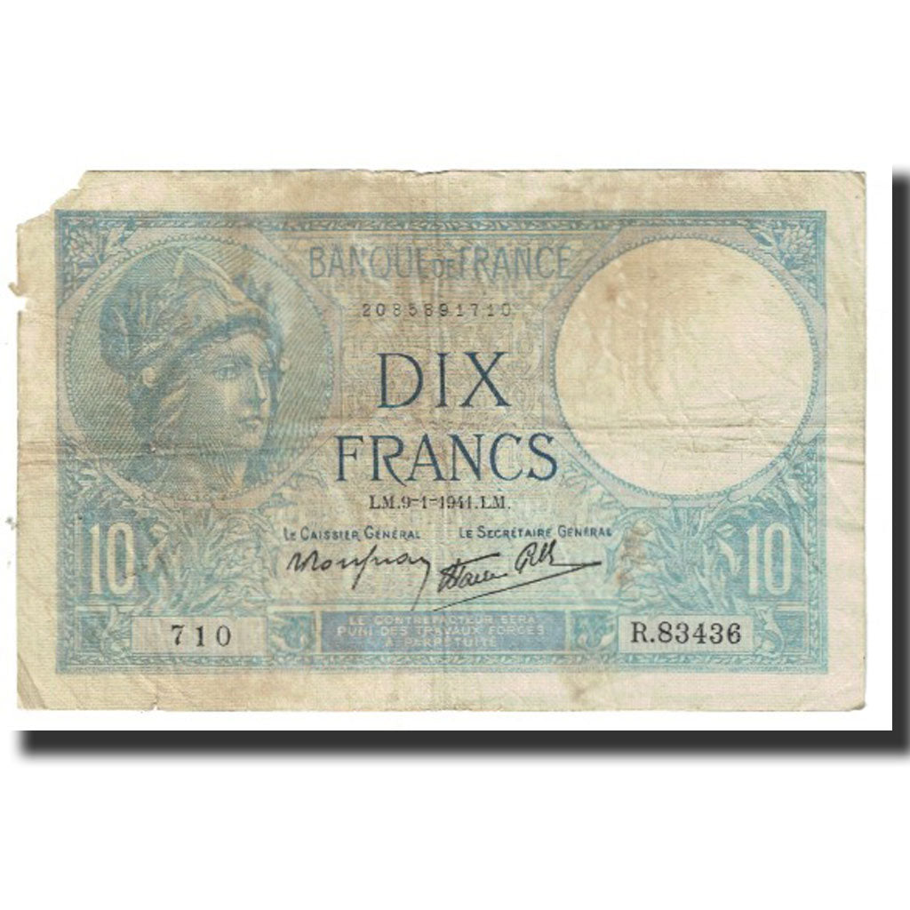 France, 10 Francs, Minerve, 1941, platet strohl, 1941-01-09, VF(20-25)