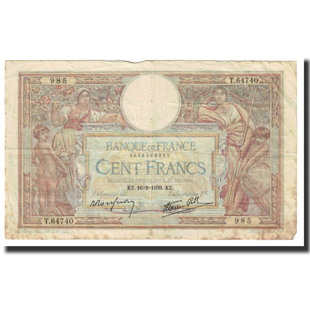 France, 100 Francs, Luc Olivier Merson, 1939, P. Rousseau and R. Favre-Gilly