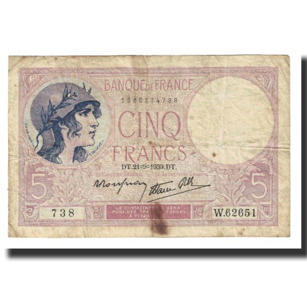 France, 5 Francs, Violet, 1939, P. Rousseau and R. Favre-Gilly, 1939-09-21