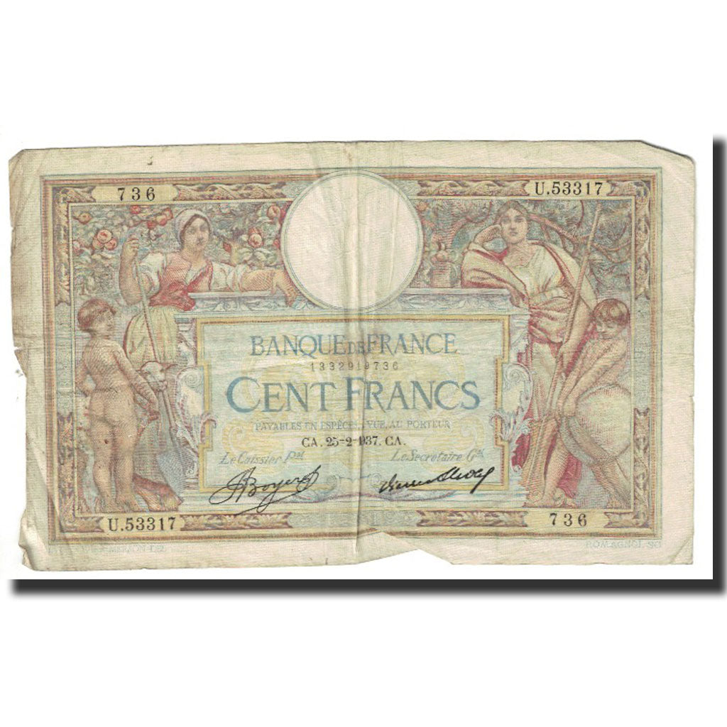 France, 100 Francs, Luc Olivier Merson, 1937, P. Rousseau and R. Favre-Gilly