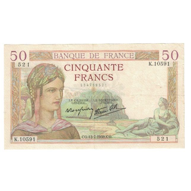 France, 50 Francs, Cérès, 1939, P. Rousseau and R. Favre-Gilly, 1939-07-13